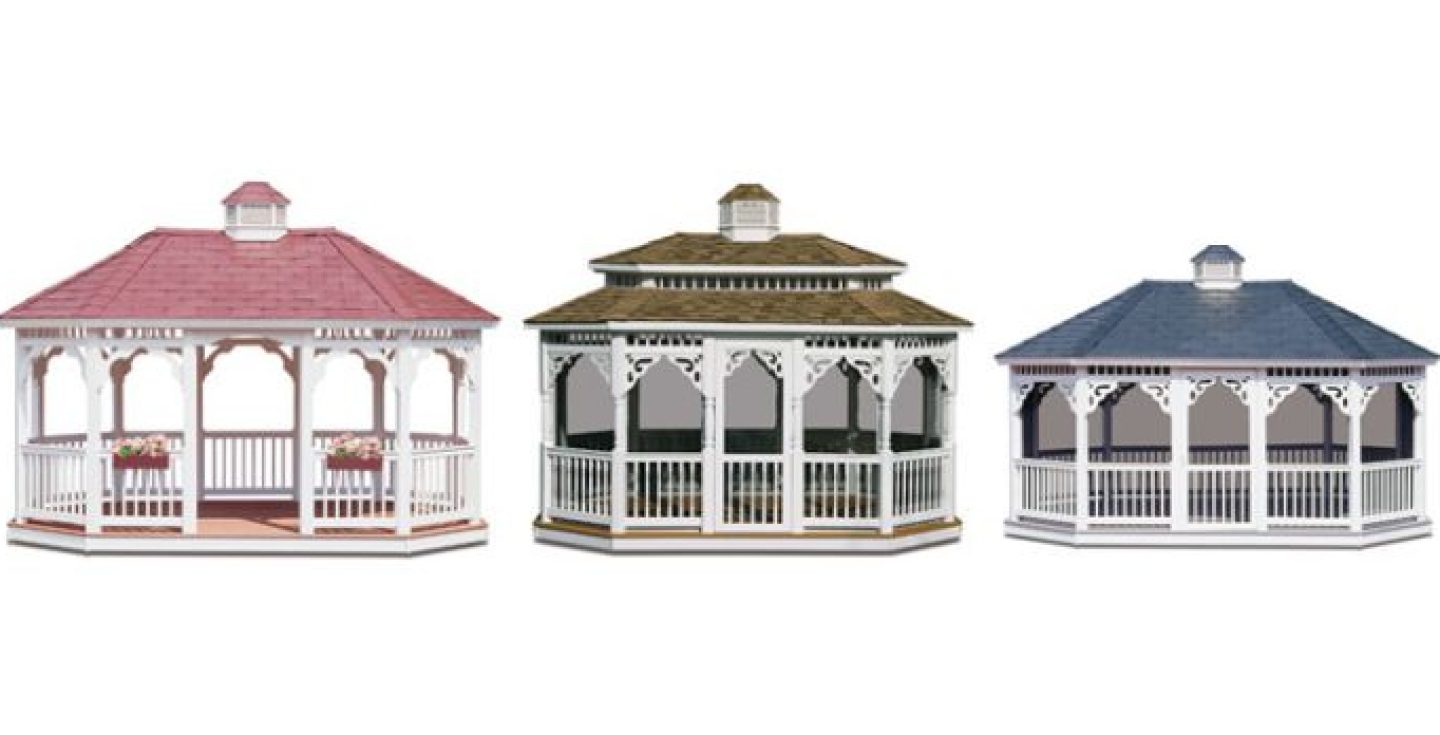 three outdoor structures with pink roof, brown roof, and gray roof